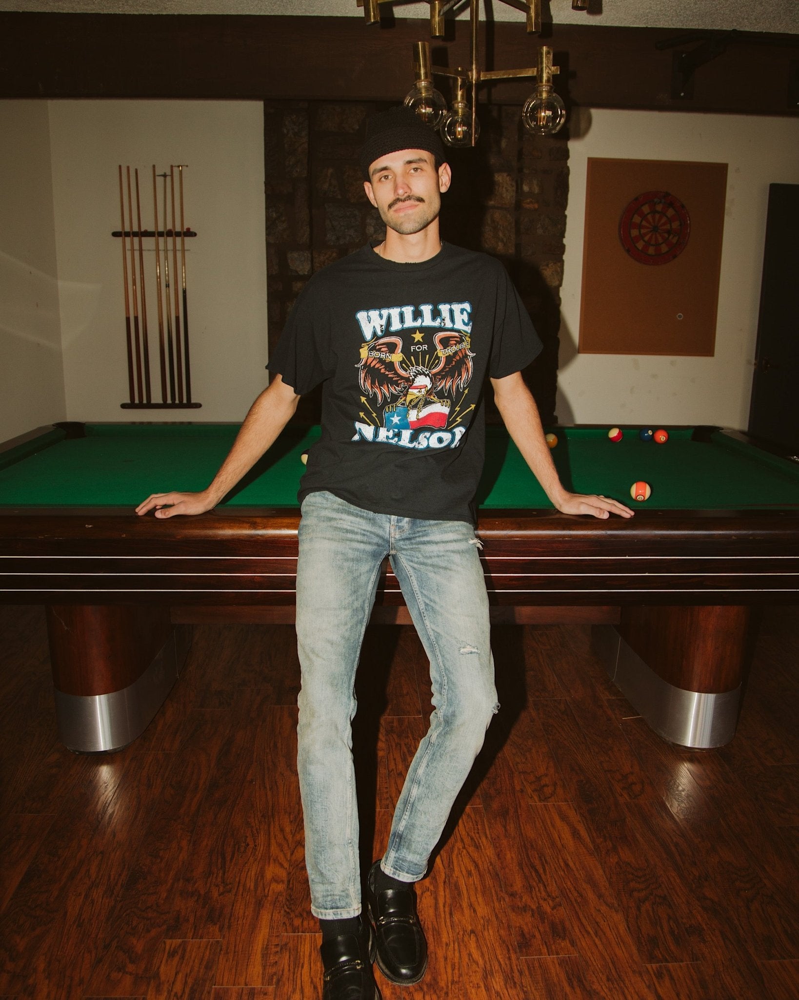 Willie Nelson Born For Trouble Black Thrifted Tee - shoplivylu