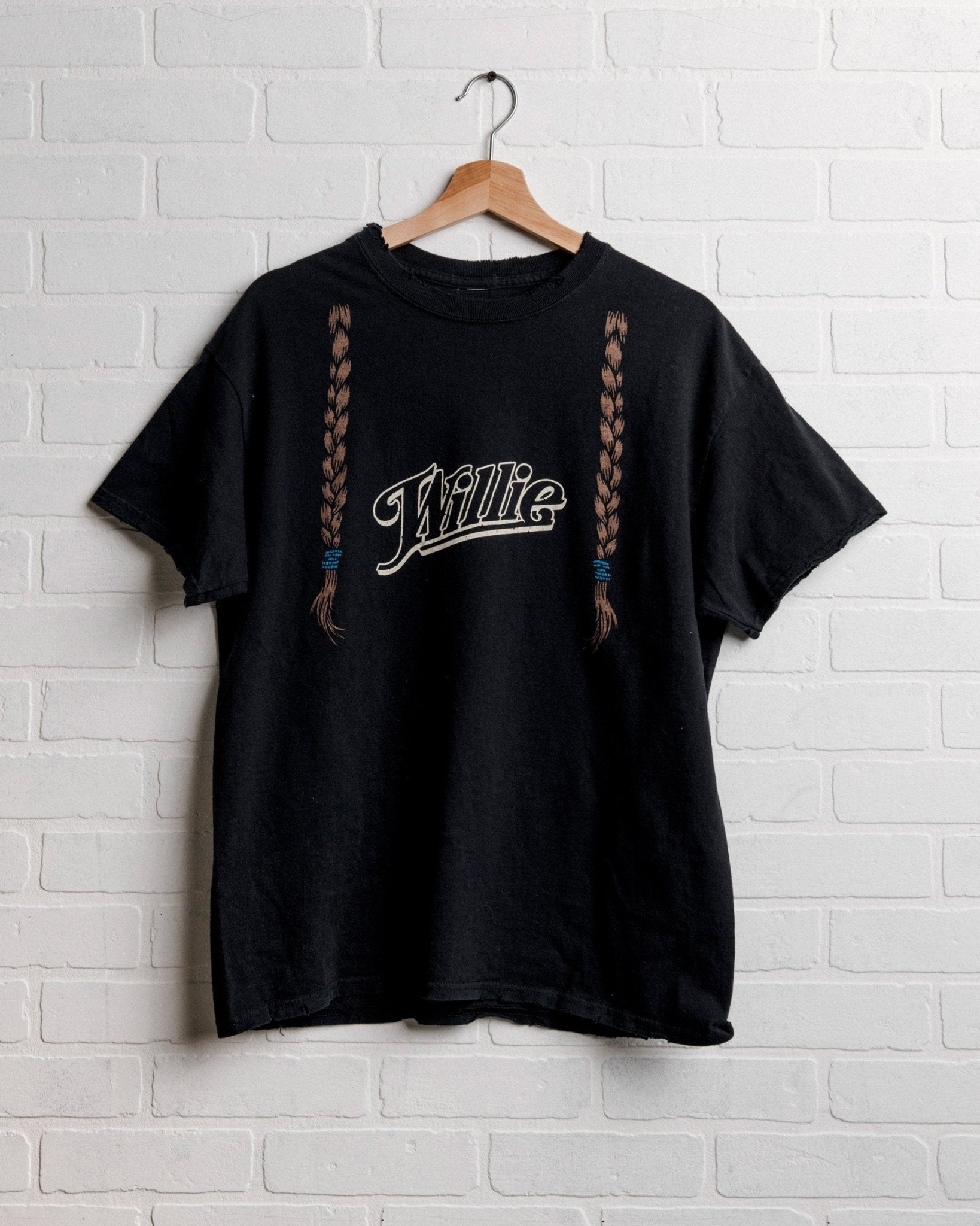 Willie Nelson Braids Black Thrifted Tee - shoplivylu