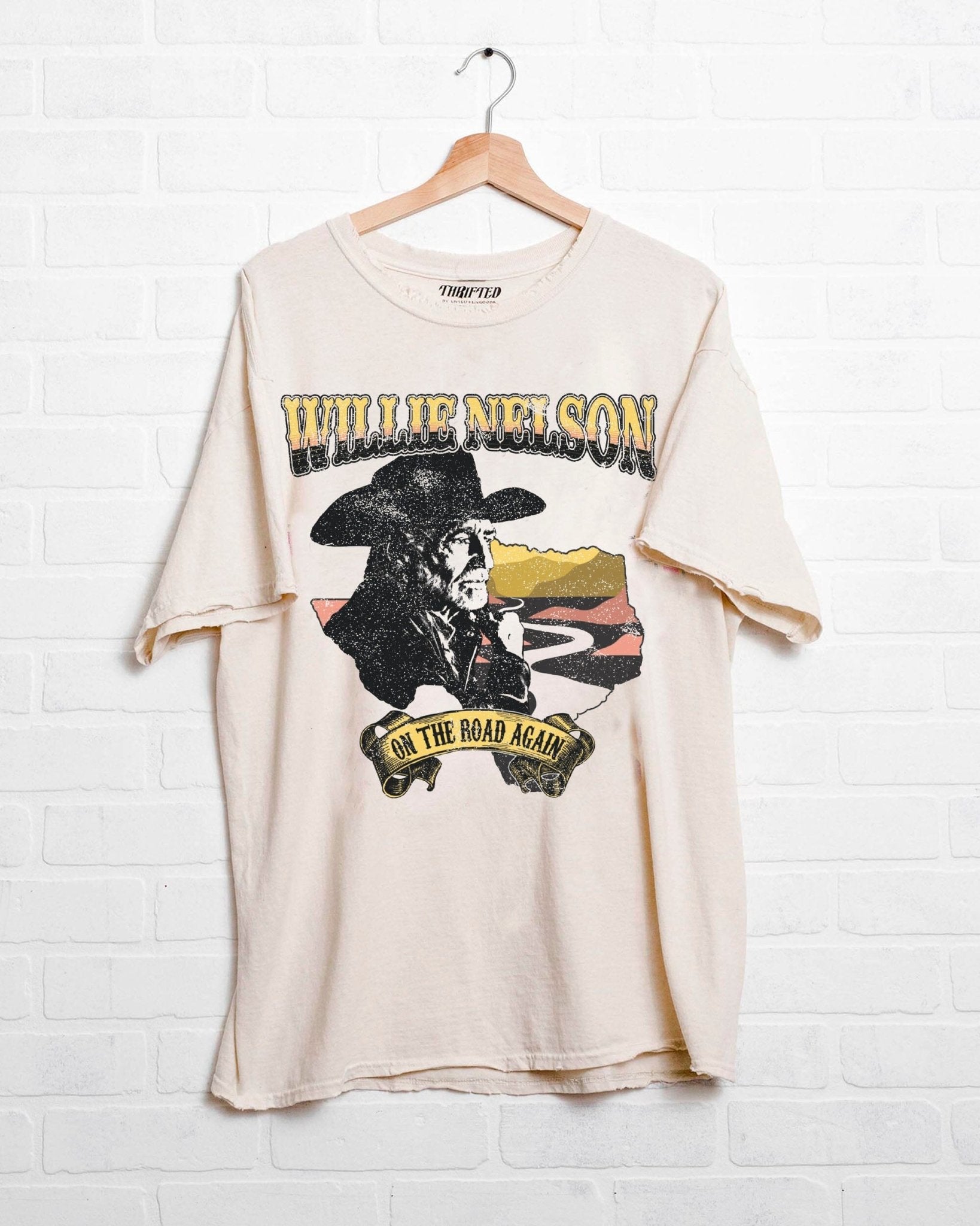 Willie Nelson Desert Texas Off White Thrifted Tee - shoplivylu