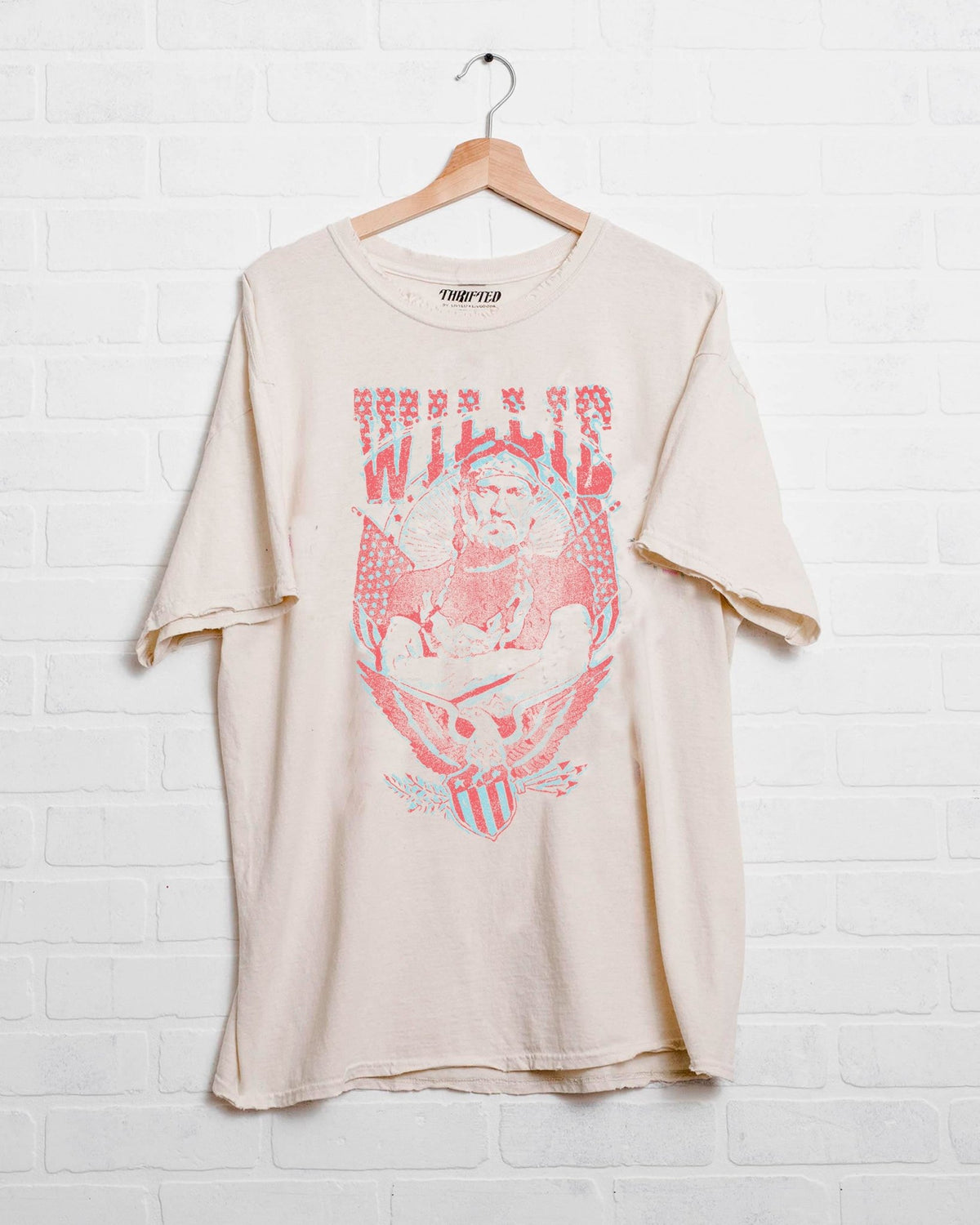 Willie Nelson In Pink Off White Thrifted Tee - shoplivylu