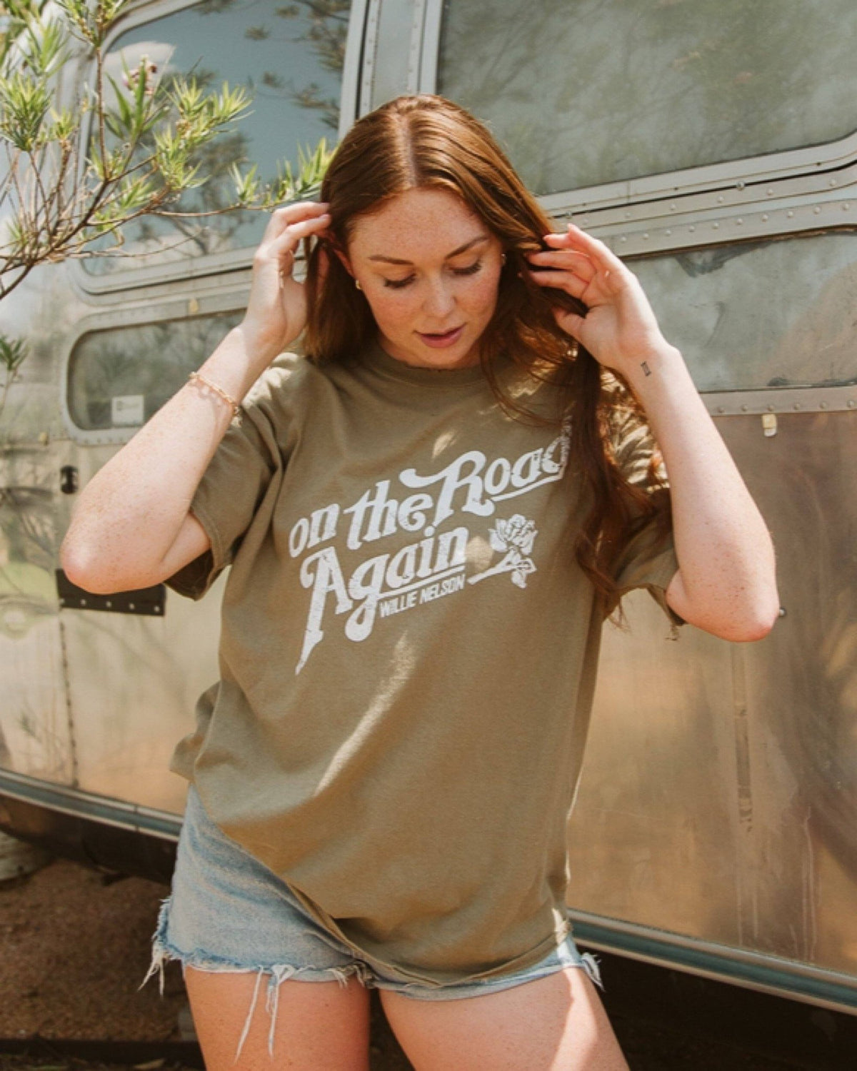 Willie Nelson On The Road Again Khaki Thrifted Tee - shoplivylu