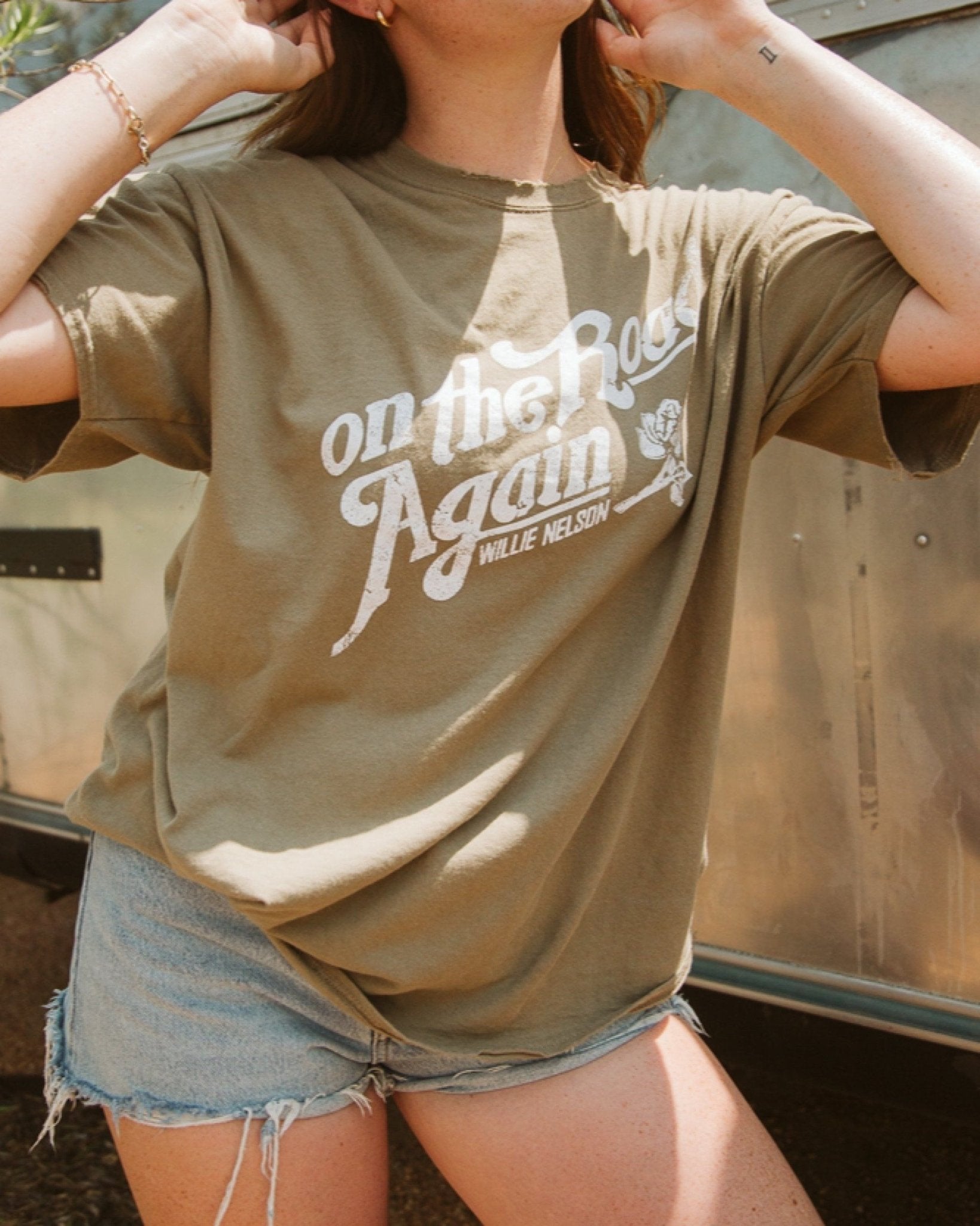 Willie Nelson On The Road Again Khaki Thrifted Tee - shoplivylu