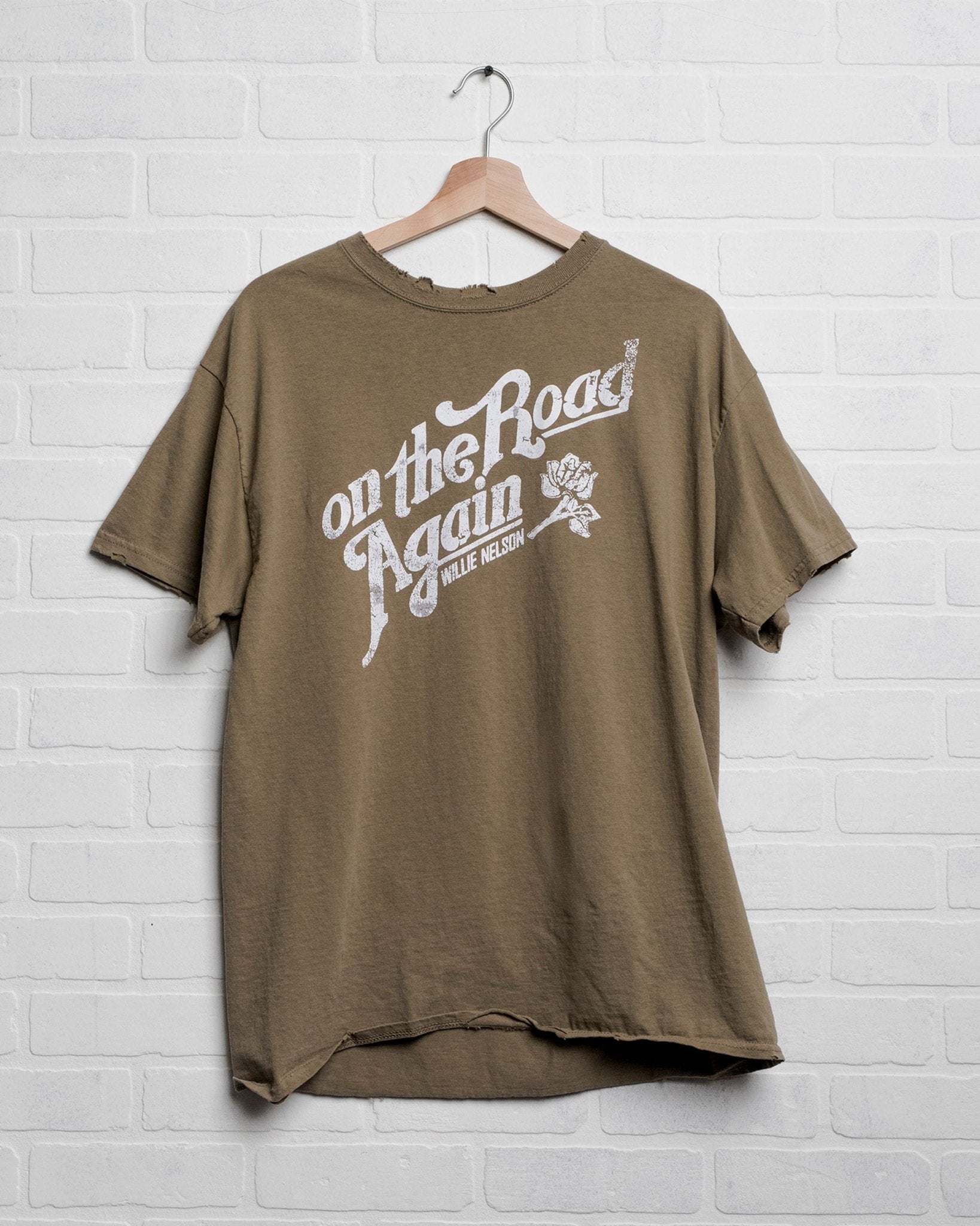 Willie Nelson On The Road Again Khaki Thrifted Tee - shoplivylu