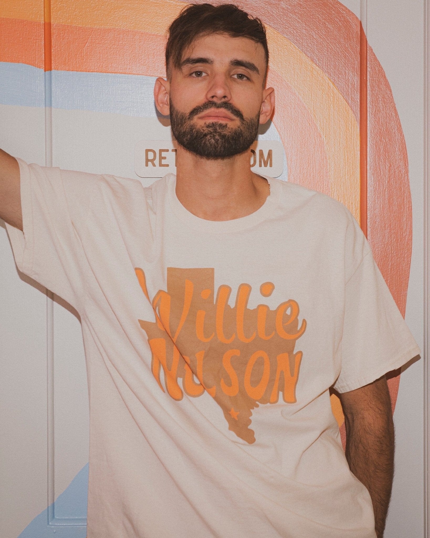 Willie Nelson Orange Texas Off White Thrifted Tee - shoplivylu
