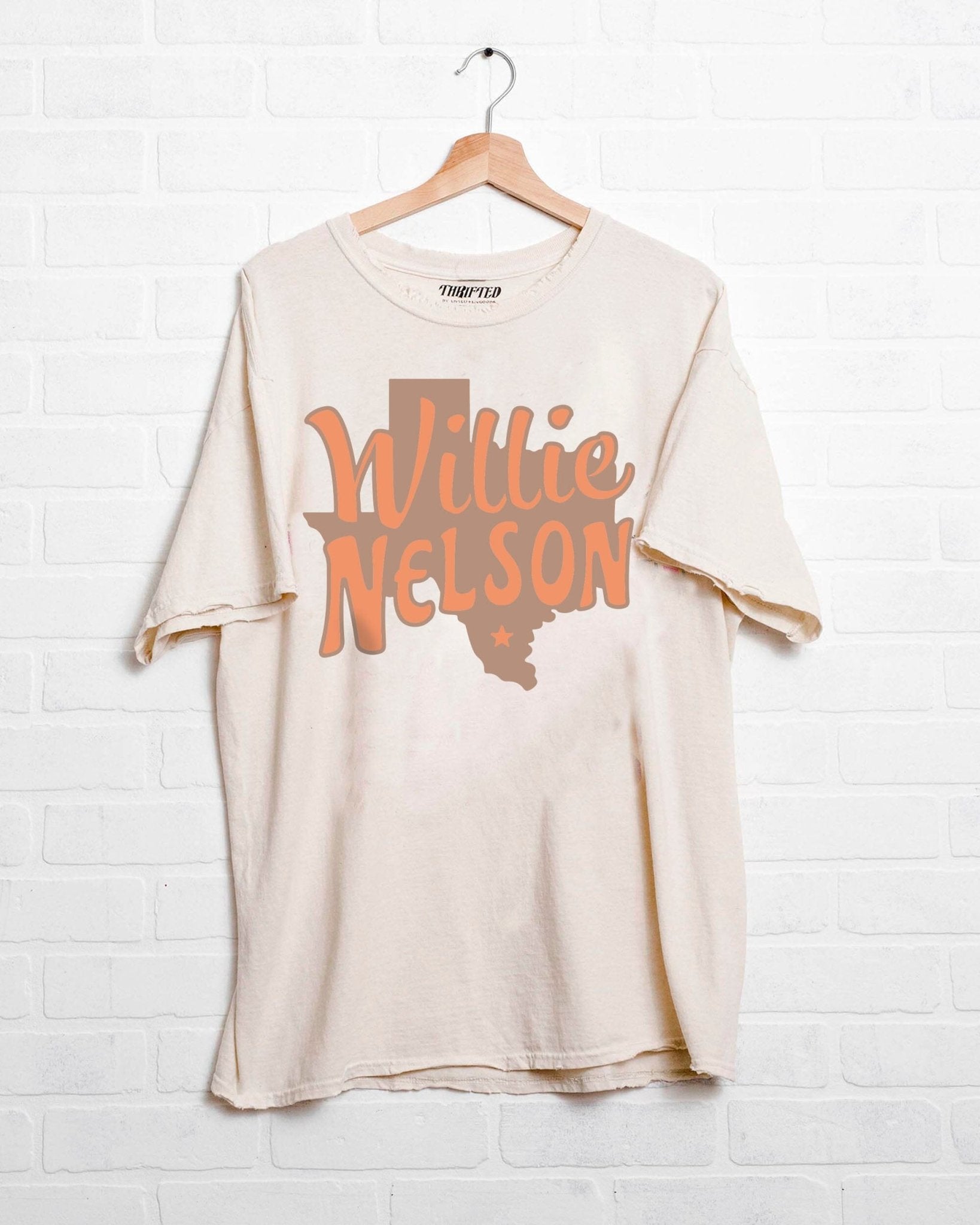 Willie Nelson Orange Texas Off White Thrifted Tee - shoplivylu