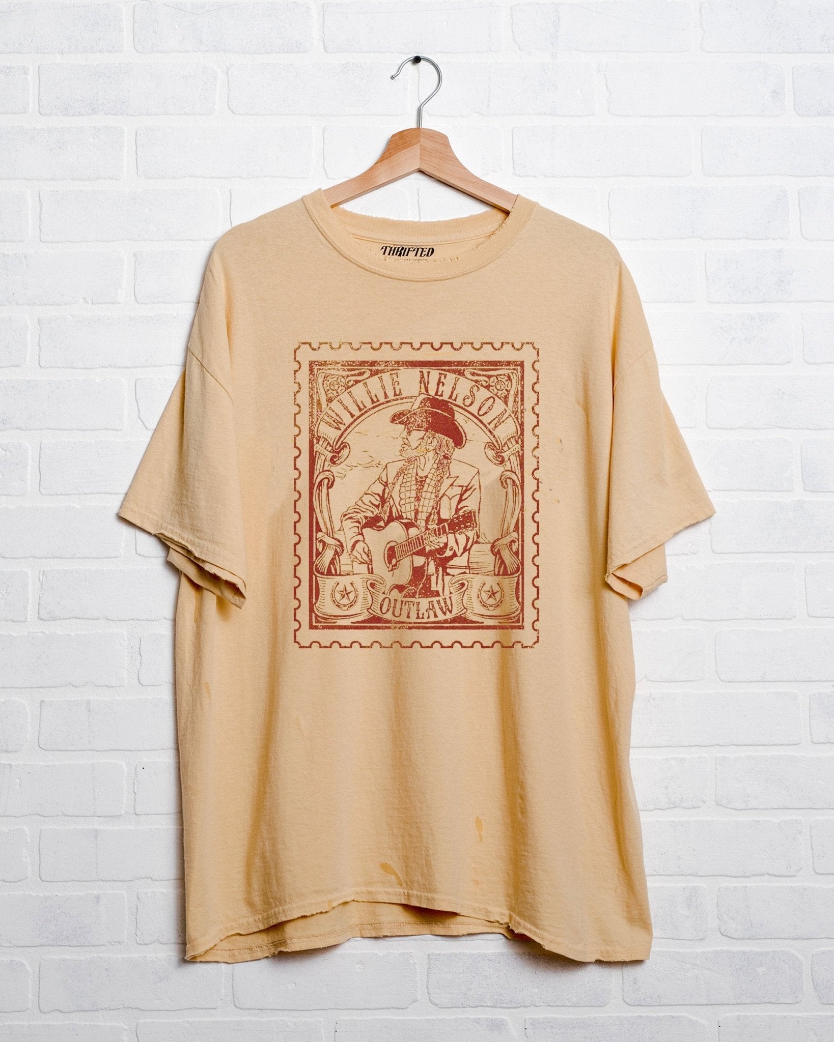 Willie Nelson Stamp Gold Thrifted Tee - shoplivylu