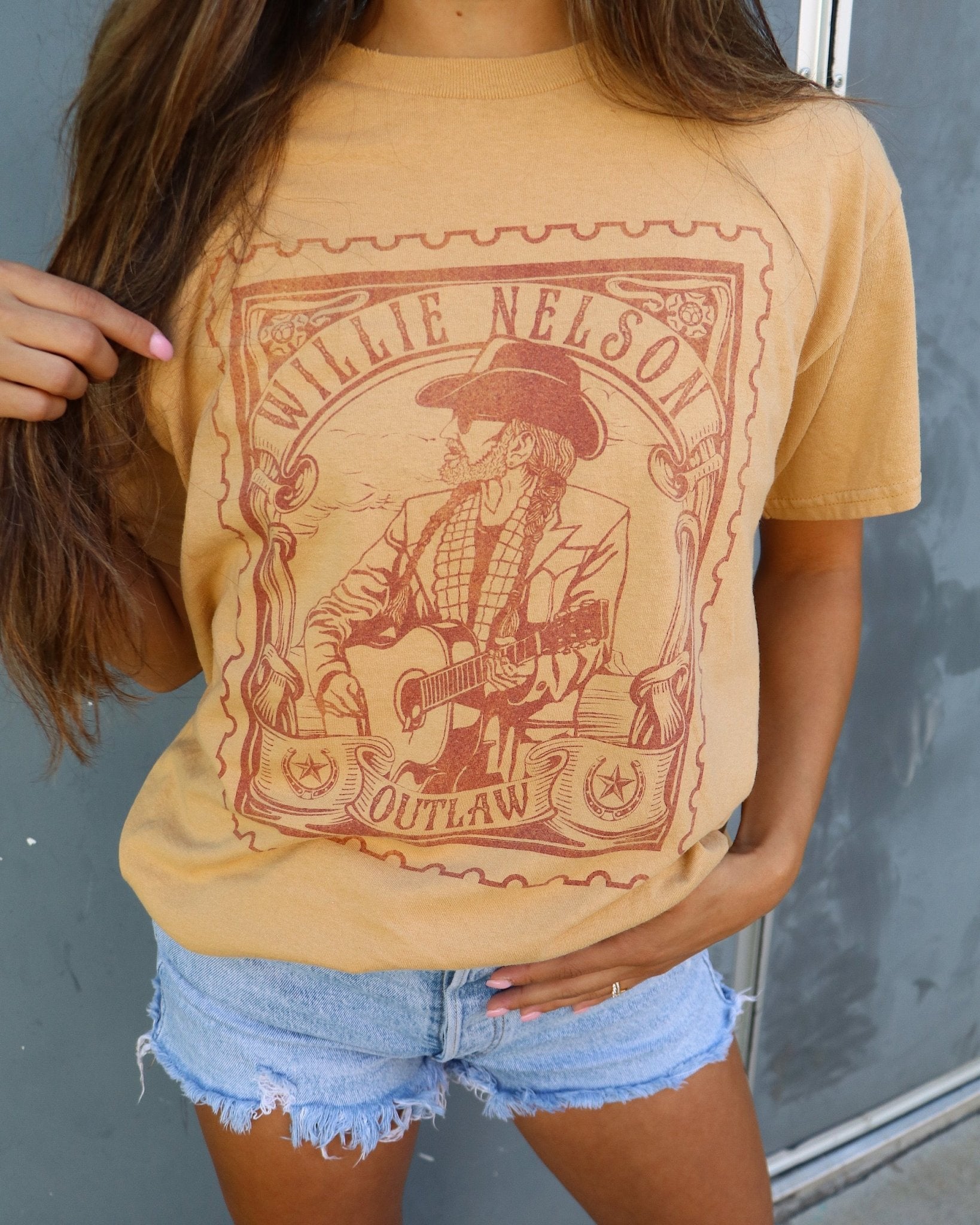 Willie Nelson Stamp Gold Thrifted Tee - shoplivylu