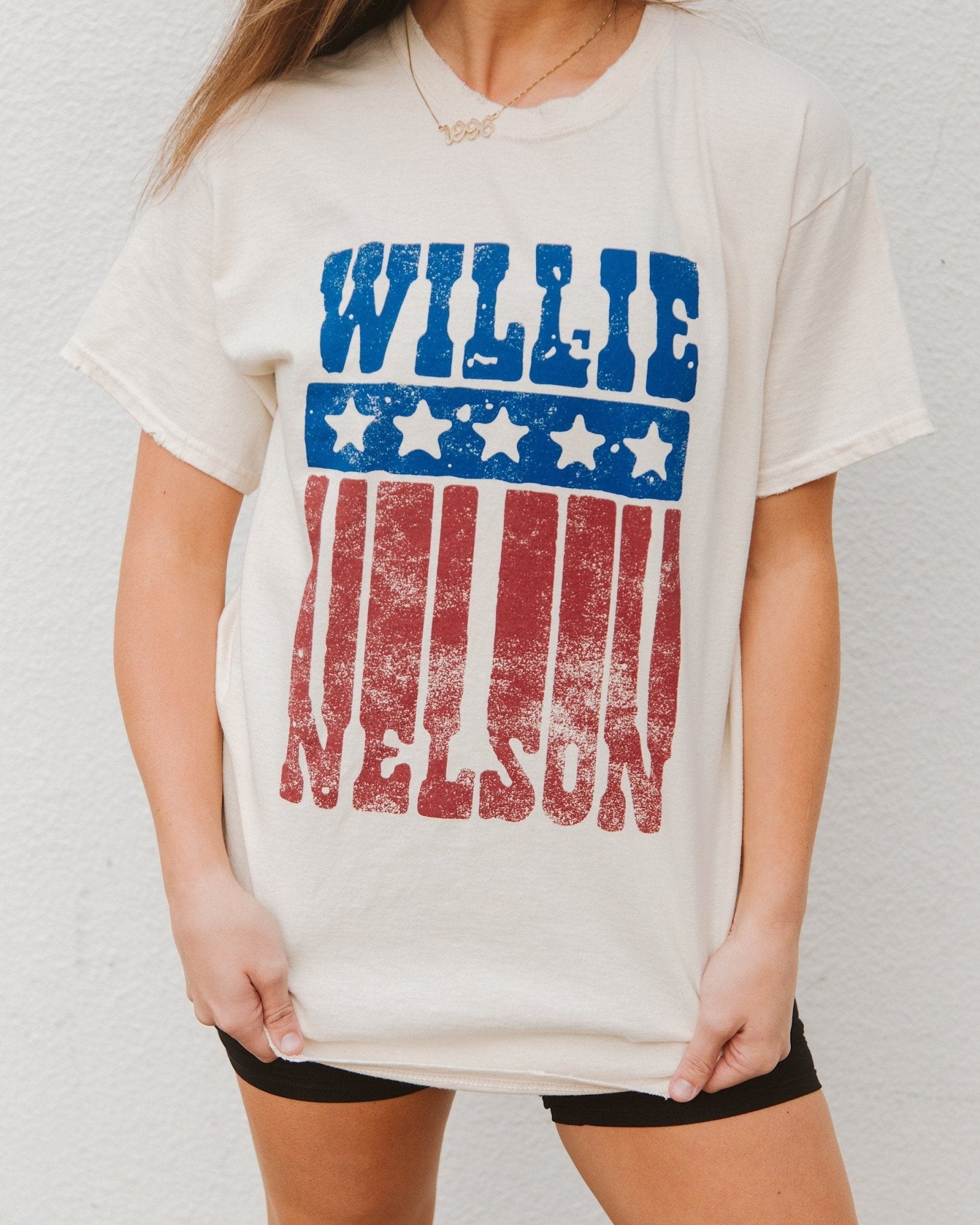Willie Nelson Stars Off White Thrifted Tee - shoplivylu