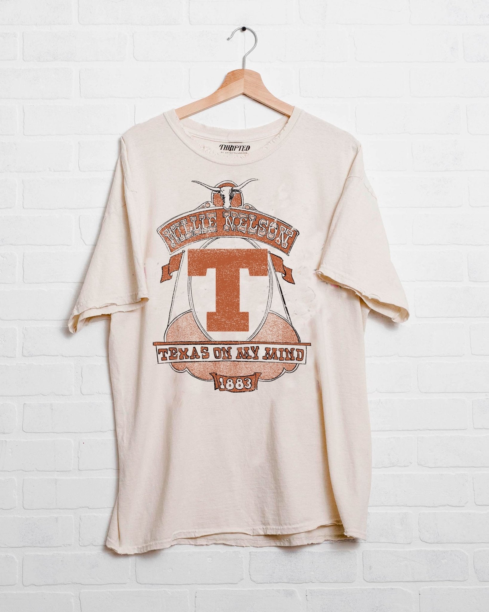 Willie Nelson Texas on My Mind Off White Thrifted Tee - shoplivylu