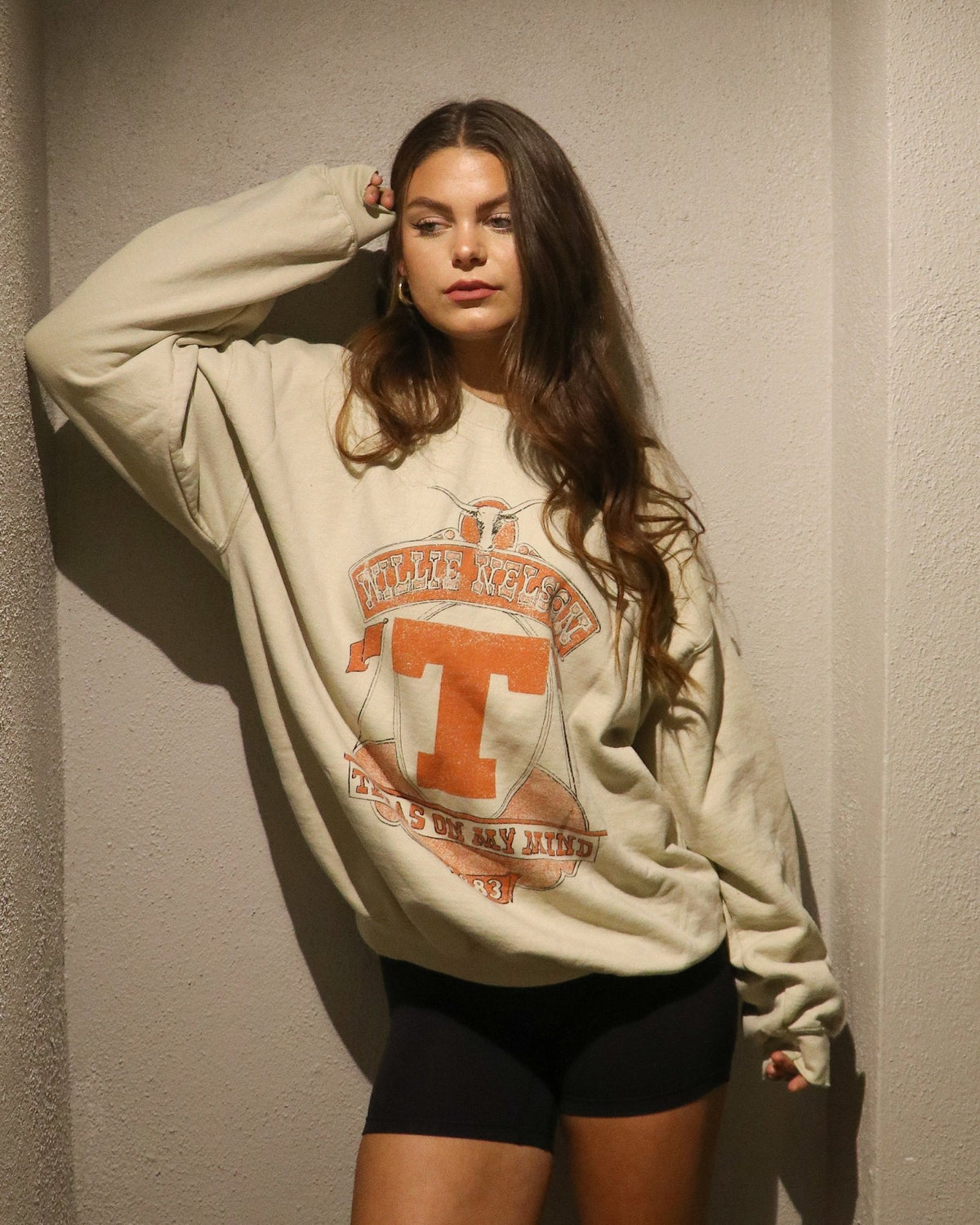 Willie Nelson Texas on My Mind Sand Thrifted Sweatshirt - shoplivylu
